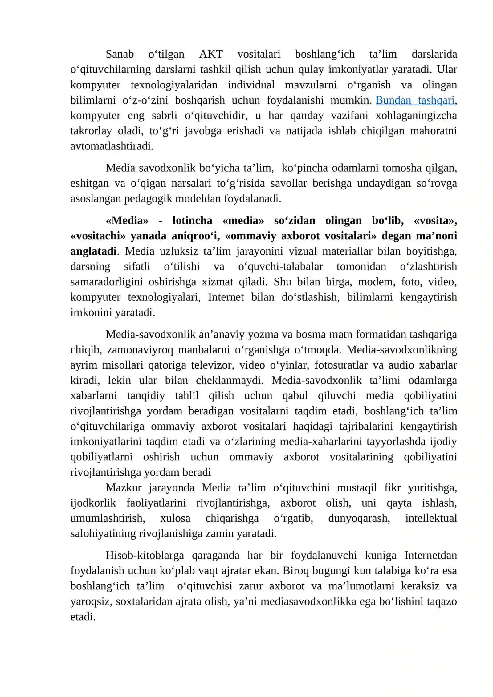 BOSHLANG‘ICH TA’LIM DARSLARIDA AKT VA MEDIA SAVODXONLIGI TUSHUNCHASI,  TA’LIM JARAYONIDA AXBOROT KOMMUNIKATSIYA TEXNOLOGIYALARI. 3