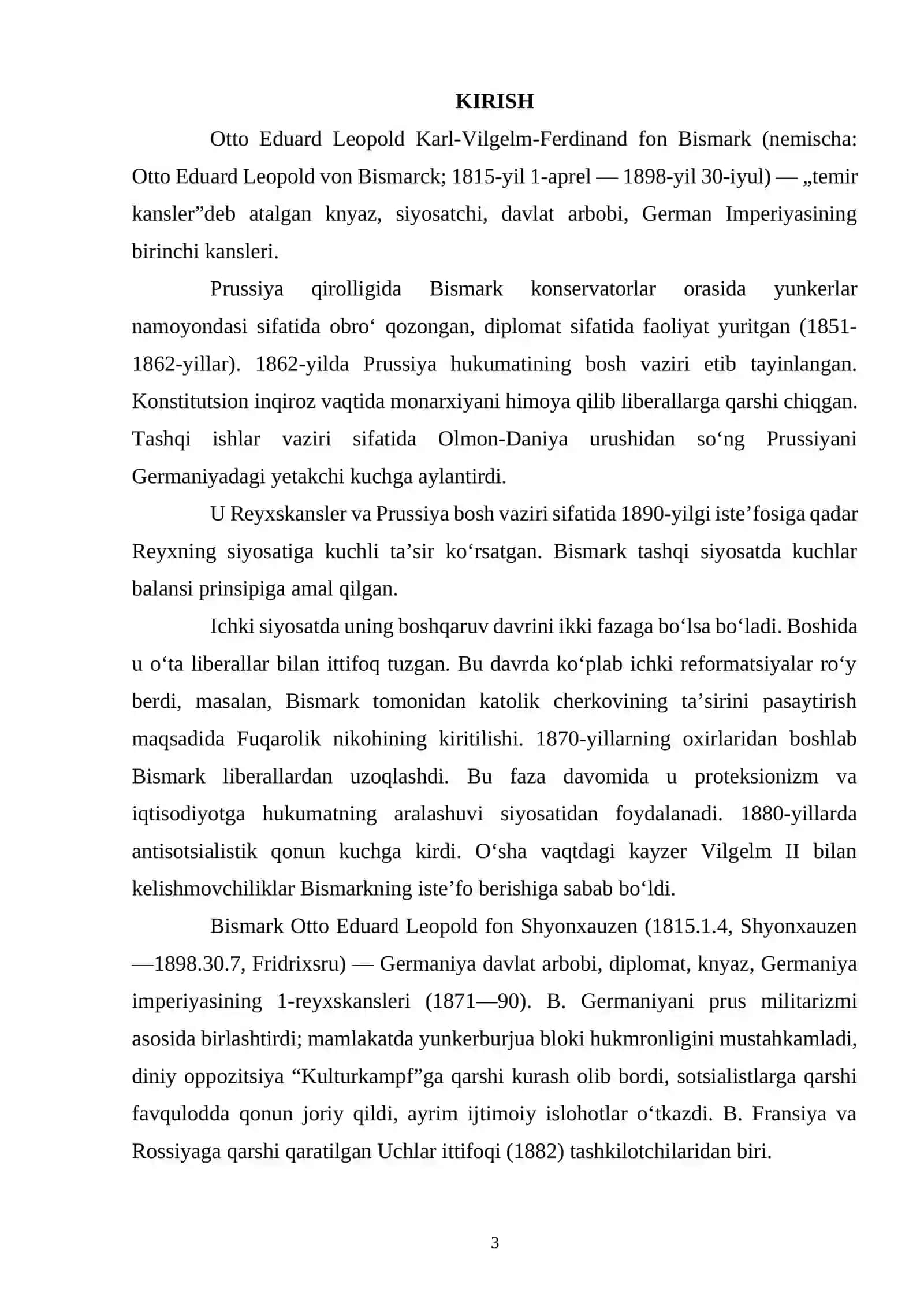 Germaniya imperiyasining vujudga kelishi va ushbu jarayonda O.Bismarkning tutgan o‘rni 3