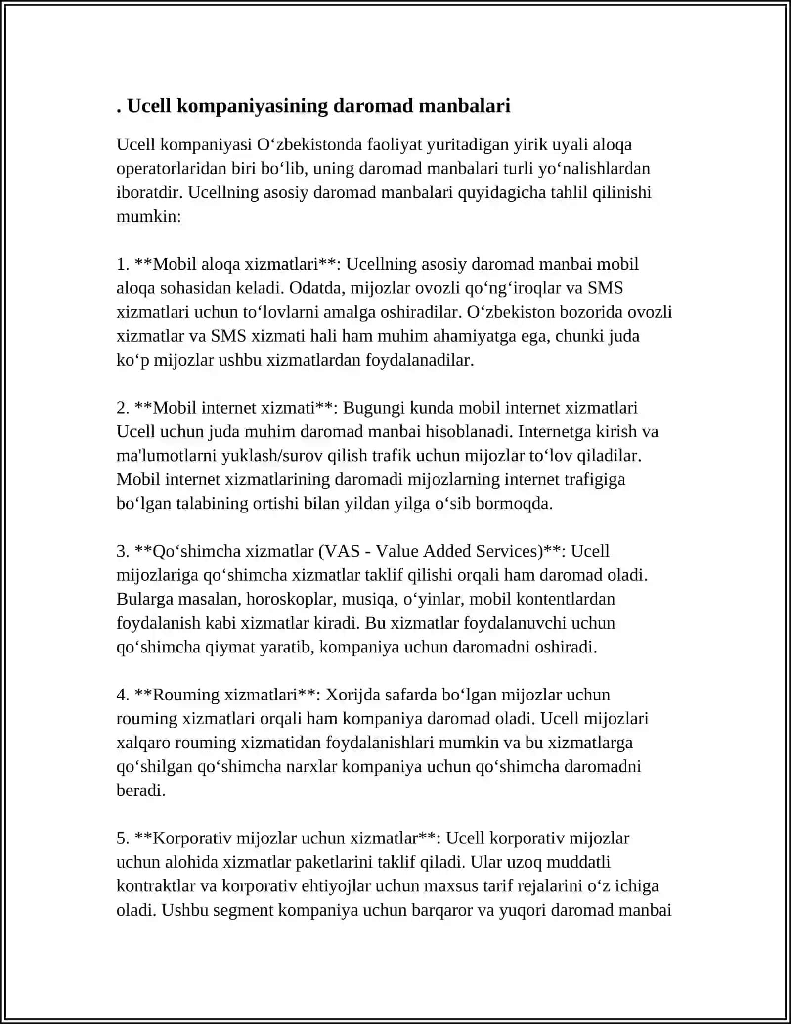 UCELL KOMPANIYASINING MOLIYAVIY KO'RSATGICHLARI VA ULARNING TAHLILI HAQIDA MUSTAQIL ISH 3