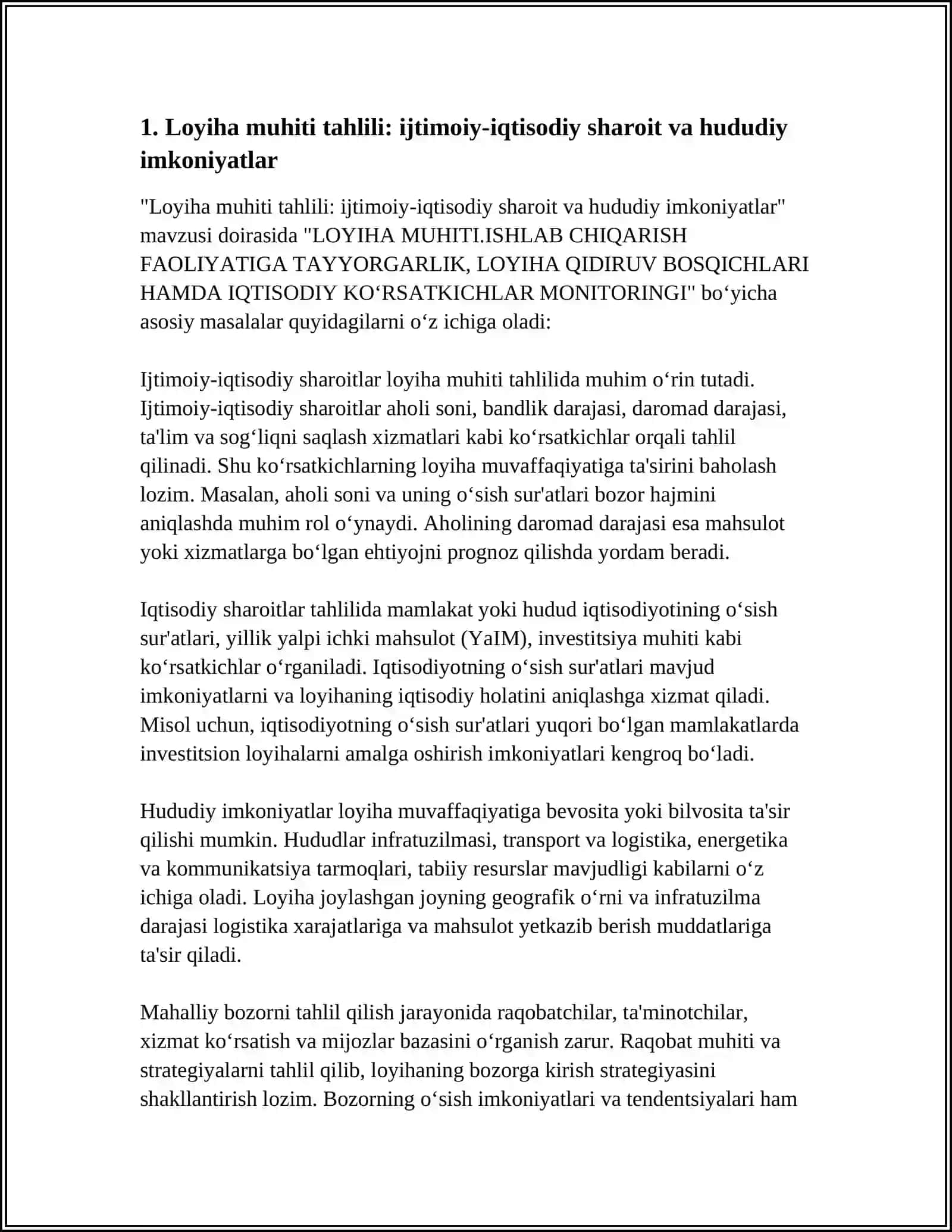 LOYIHA MUHITI.ISHLAB CHIQARISH FAOLIYATIGA TAYYORGARLIK, LOYIHA QIDIRUV BOSQICHLARI HAMDA IQTISODIY KO‘RSATKICHLAR MONITORINGI 3
