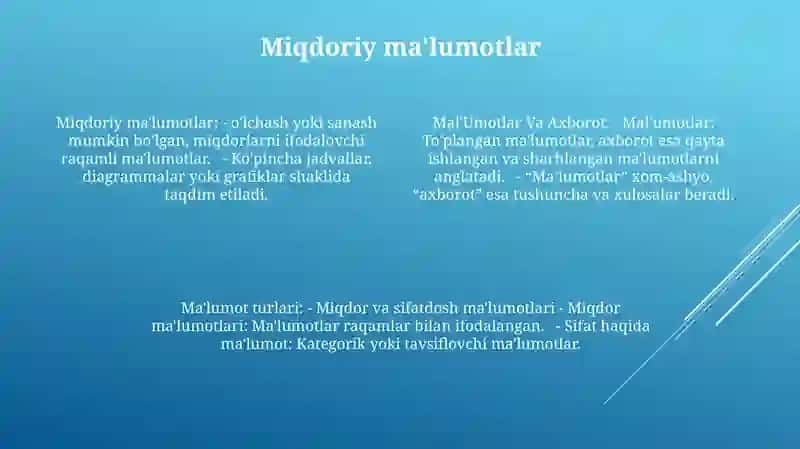 Ma'lumotlar Va Axborot. Ma'Lumot Turlari. Miqdor Va Sifat Ma'Lumotlari. Boshlang'Ich Ma'Lumotlar 3