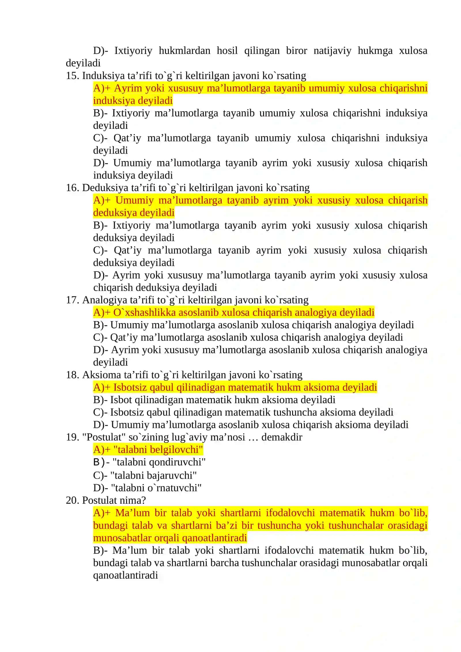 “Matematika va informatika o’qitish metodikasi” fanidan yakuniy nazorat uchun TEST TOPSHIRIQLARI 3