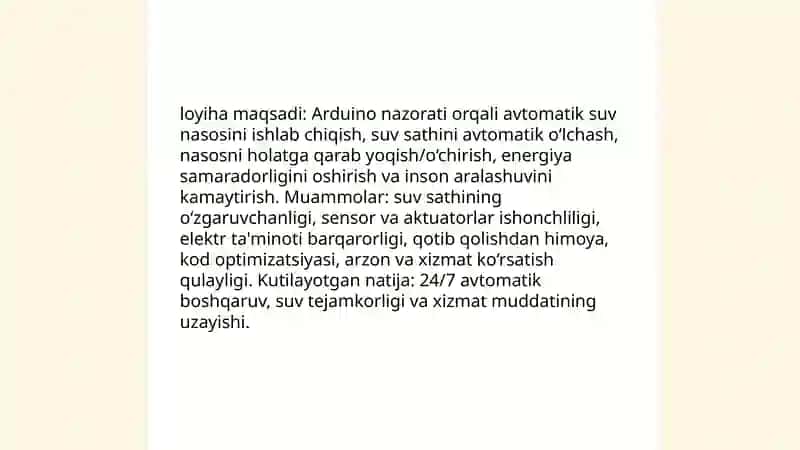 Arduino asosida avtomatik suv nasosini boshqarish tizimi 3