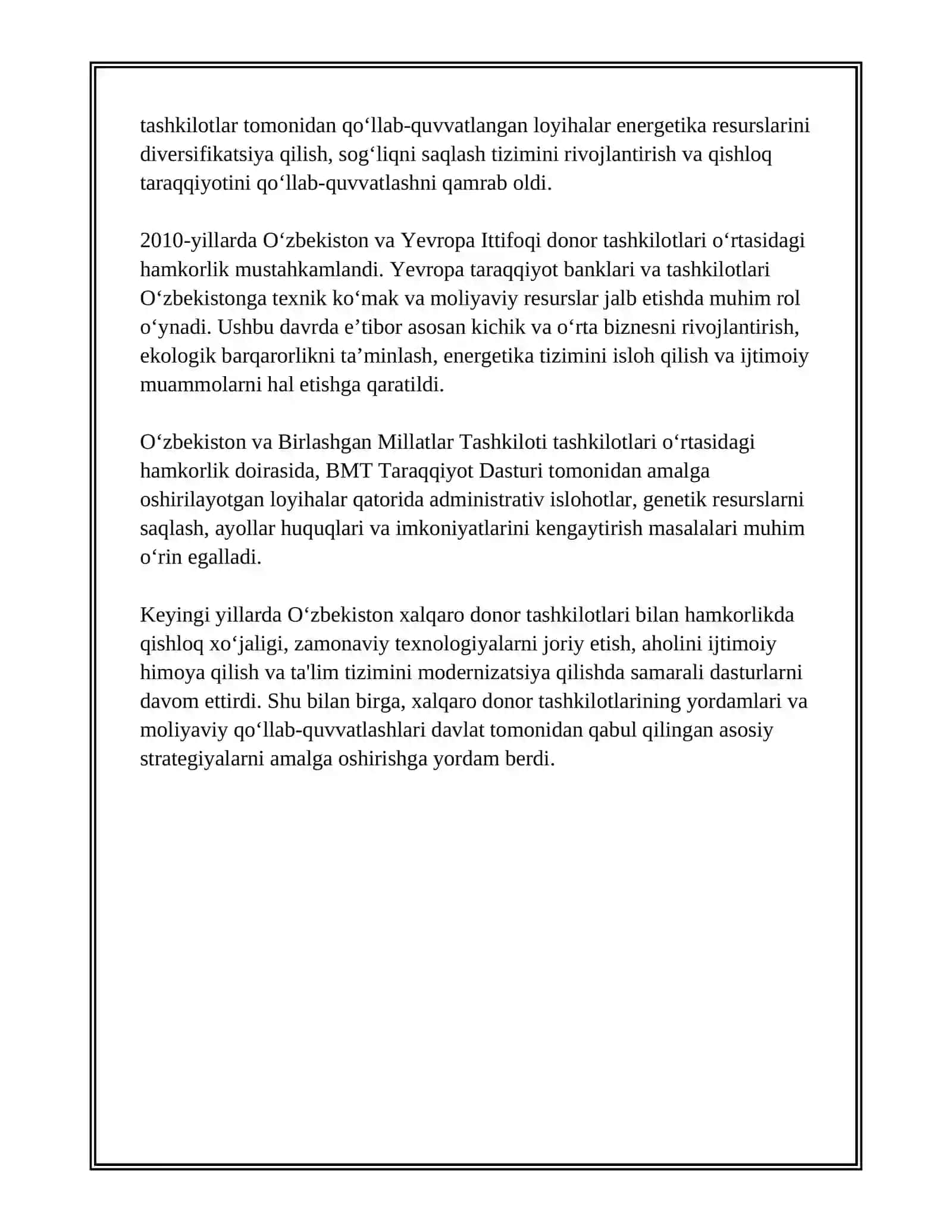ÓZBEKSTANNIŃ XALIQ ARALIQ DONOR SHÓLKEMLERDEGI QATNASIWI HÁM OLARDAN TARTQAN KREDITLERINIŃ TIYKARĢI BAĢDARLARI 3
