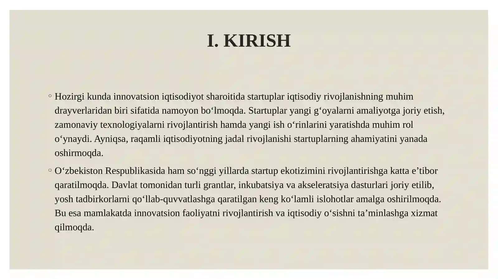 O'ZBEKISTON STARTUPLARINI BOSHQARISHDAGI ASOSIY MUOMMOLARNI O'RGANISH VA ULARNI KENG TAHLIL QILISH 3