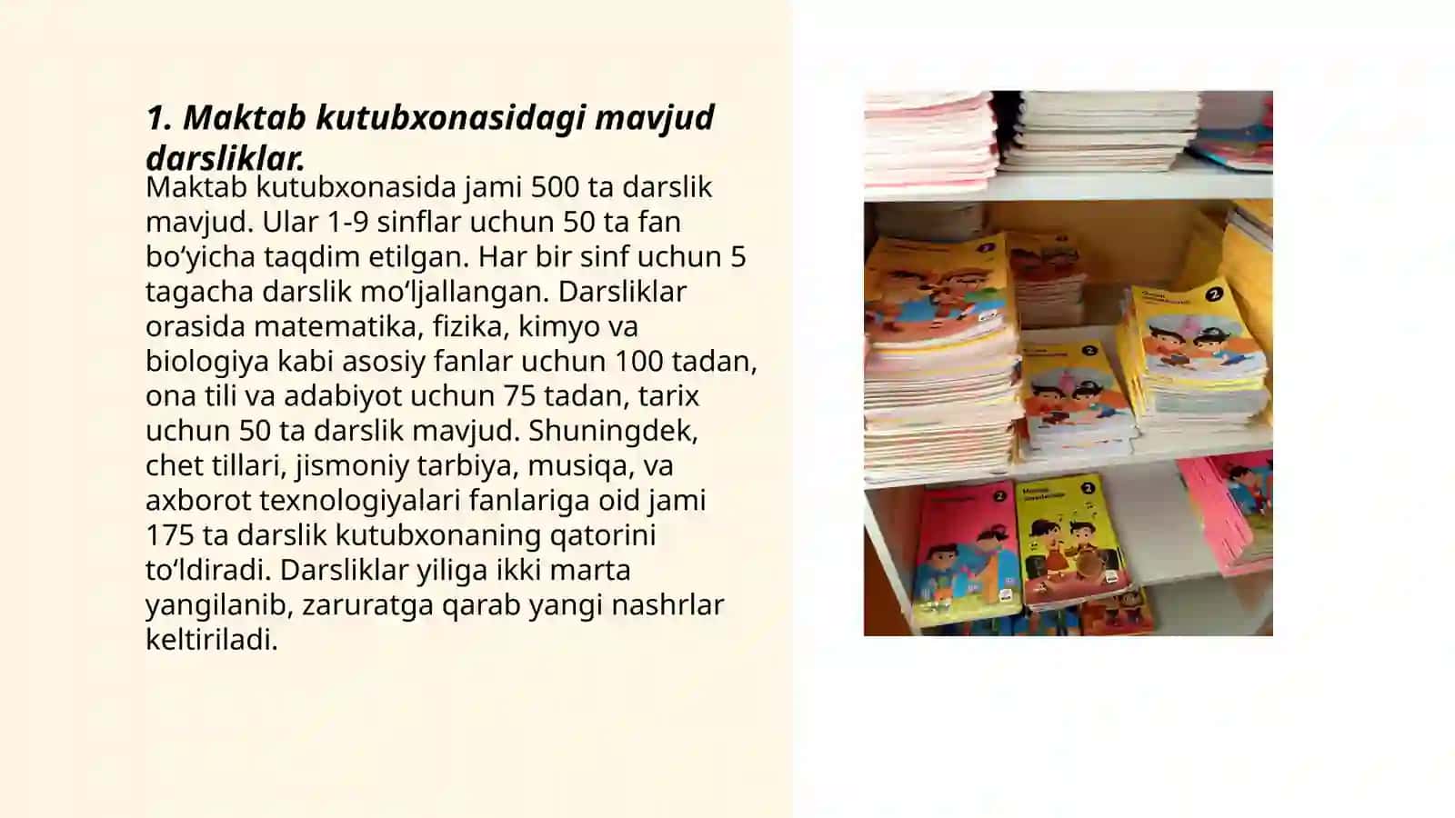 Maktab kutubxonasidagi darsliklar,elektron resurslar hamda fan xonalarining jihozlanishini o'rganish 3