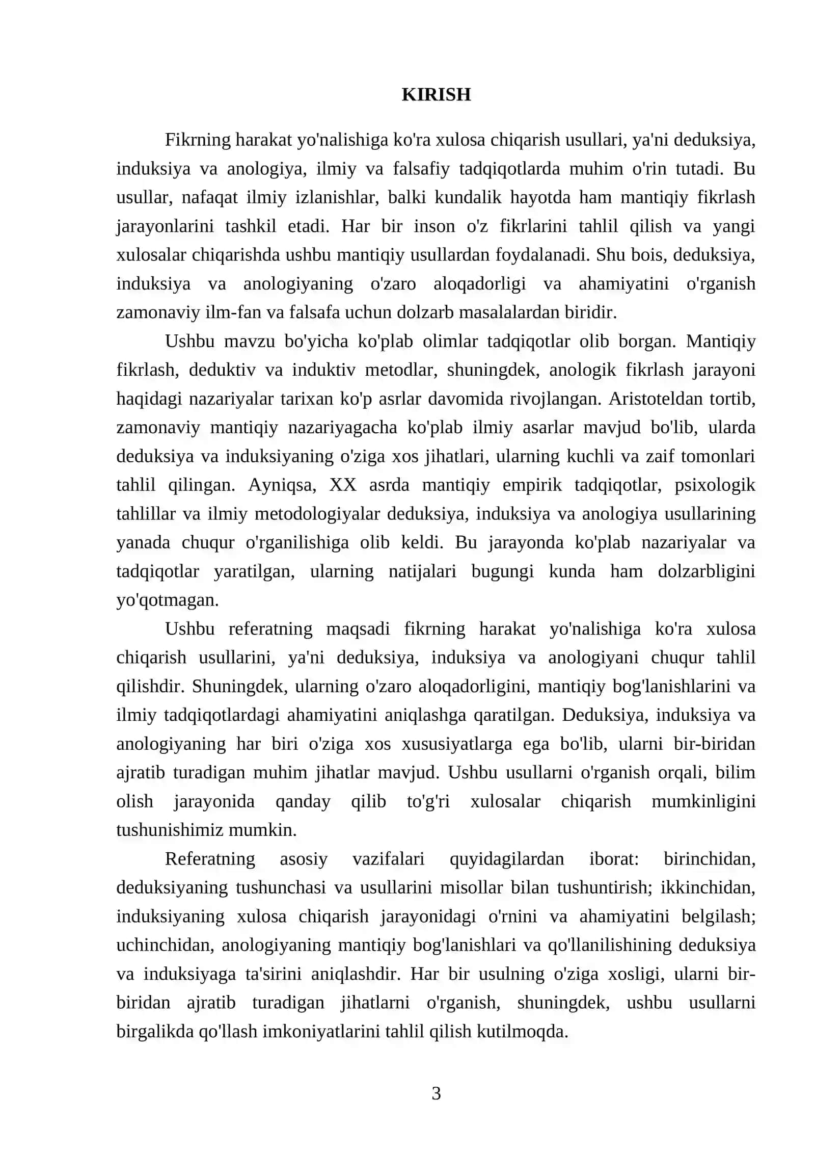 Fikrning harakat yo'nalishiga ko'ra xulosa chiqarish: deduksiya, induksiya va anologiya; ularning o'zaro aloqadorligi 3