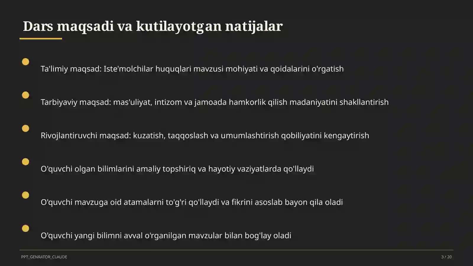 Huquq va iqtisodiyot asoslari (9–11) — ochiq dars uchun 3
