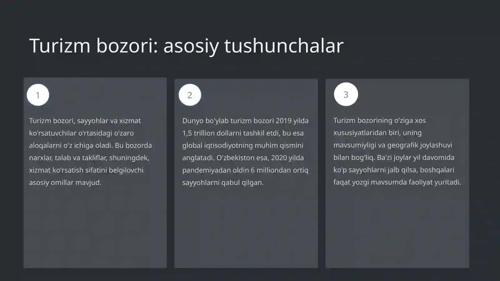 Turizm bozori va xizmatlari tushunchasi, ularning xususiyatlari 3