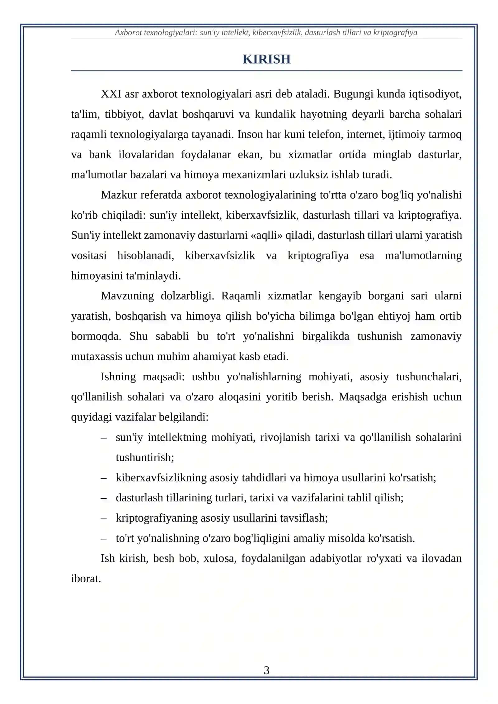 AXBOROT TEXNOLOGIYALARI: SUN'IY INTELLEKT, KIBERXAVFSIZLIK, DASTURLASH TILLARI VA KRIPTOGRAFIYA 3