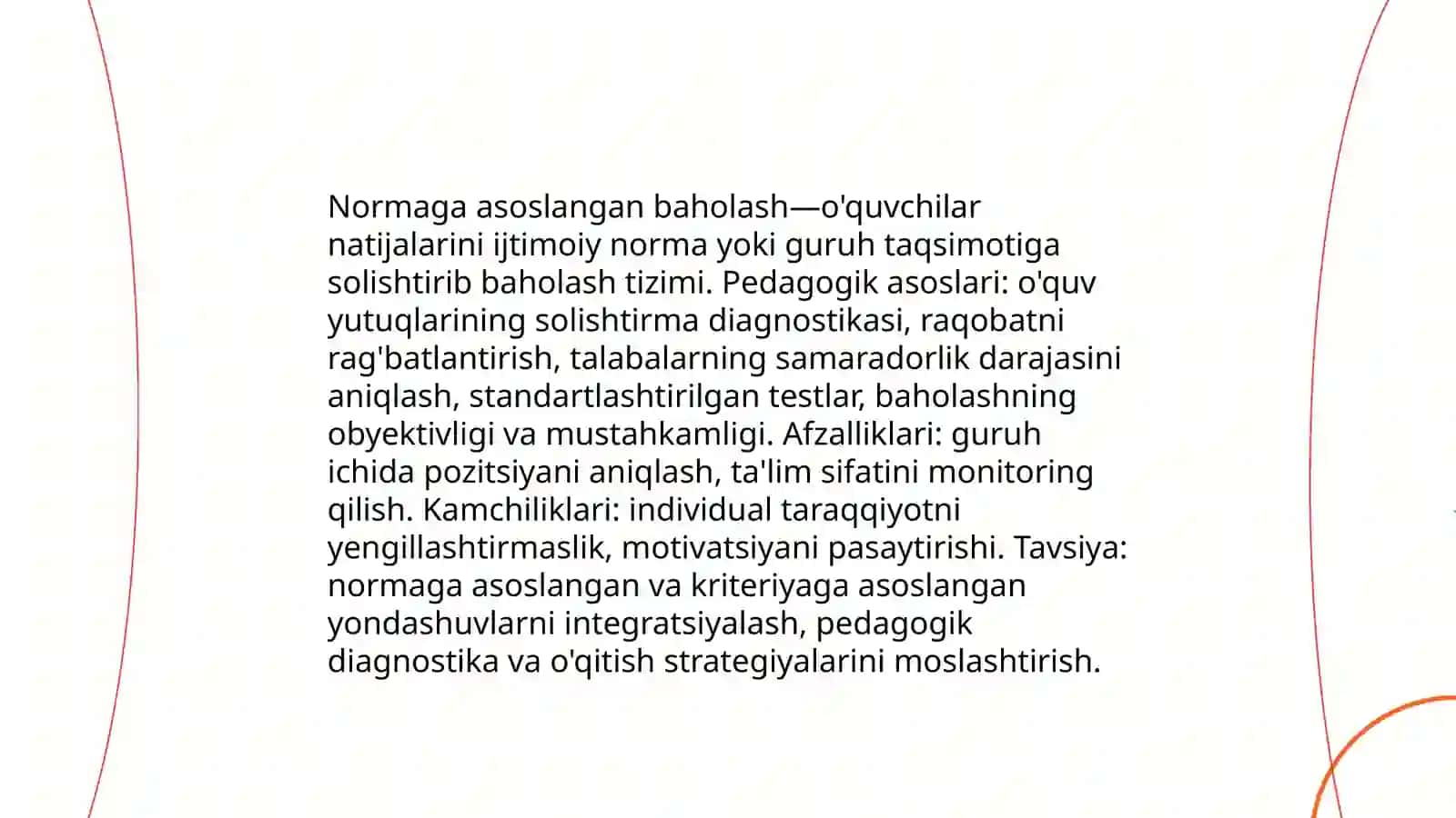 Normaga asoslangan baholashning ta'lim tizimidagi ahamiyatini tahlil qilish va olgan xulosalari asosida tezis 3