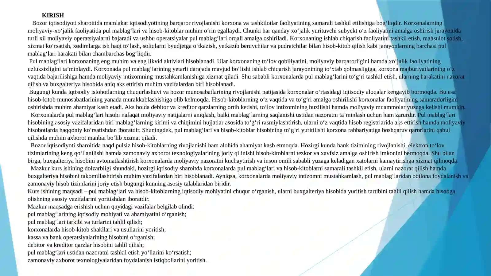 Kurs Ishi: Pul mаblаg’lаri vа hisоb–kitоblаrning mаzmuni hаmdа ulаrni hisоbgа оlishning vаzifаlаri 3