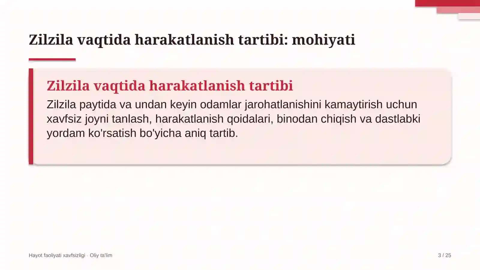 Bandlikka ko'maklashish markazlarida zilzila vaqtida harakatlanish tartibi 3