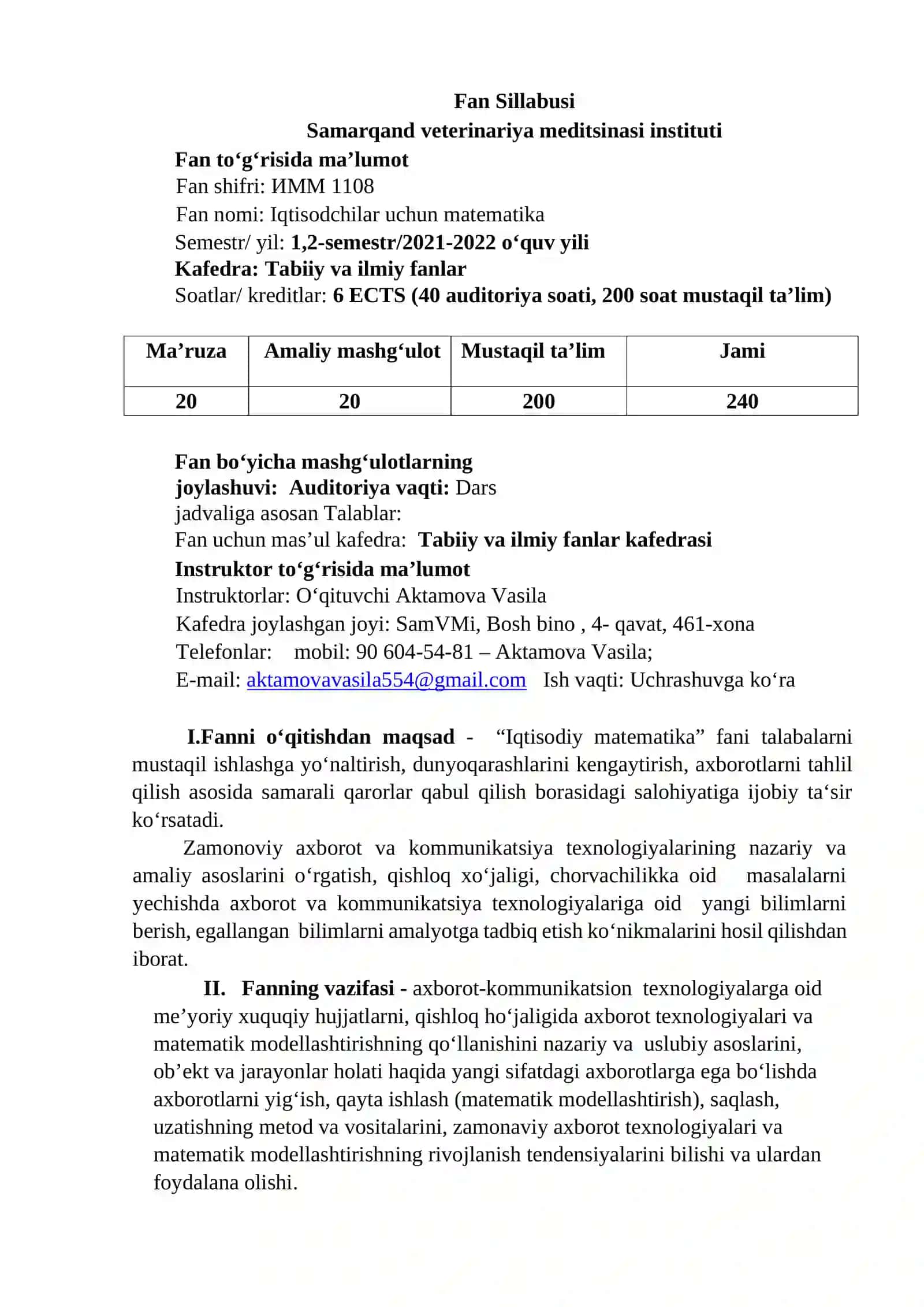 IQTISODCHILAR UCHUN MATEMATIKA fanining ISHCHI O‘QUV DASTURI (SILLABUSI) 3