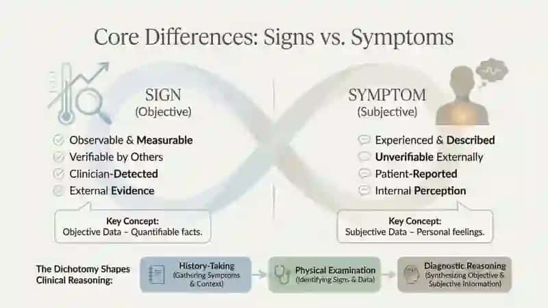 Make a report describing the difference between sign and symptom. Provide different examples in dif 3