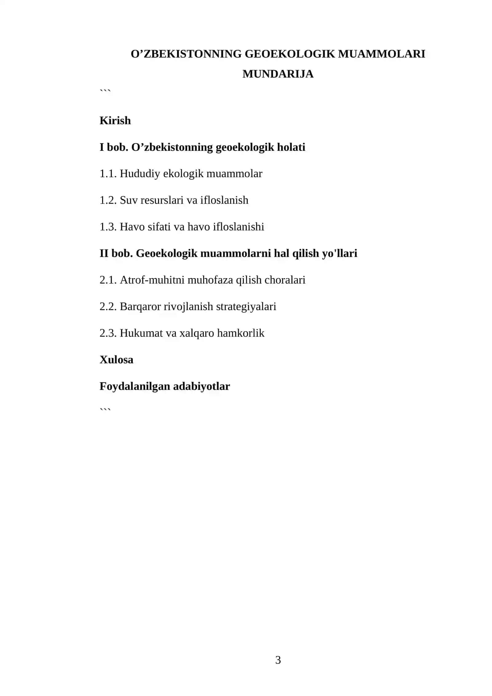 O'ZBEKISTON IJTIMOIY-IQTISODIY GEOGRAFIYASI FANIDAN TAYYORLAGAN KURS ISHI 3