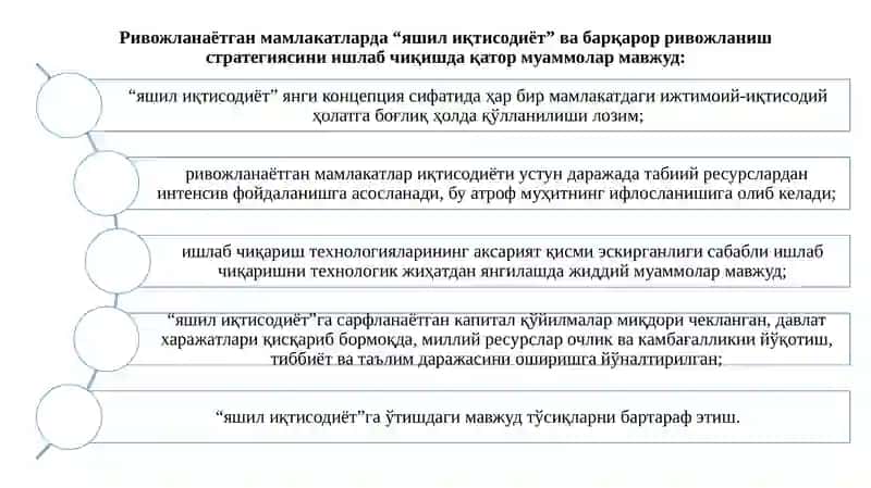 Rivojlanayotgan mamlakatlarda barqaror rivojlanishni ta’minlash va “yashil iqtisodiyot”ga o‘tish muammosi 3