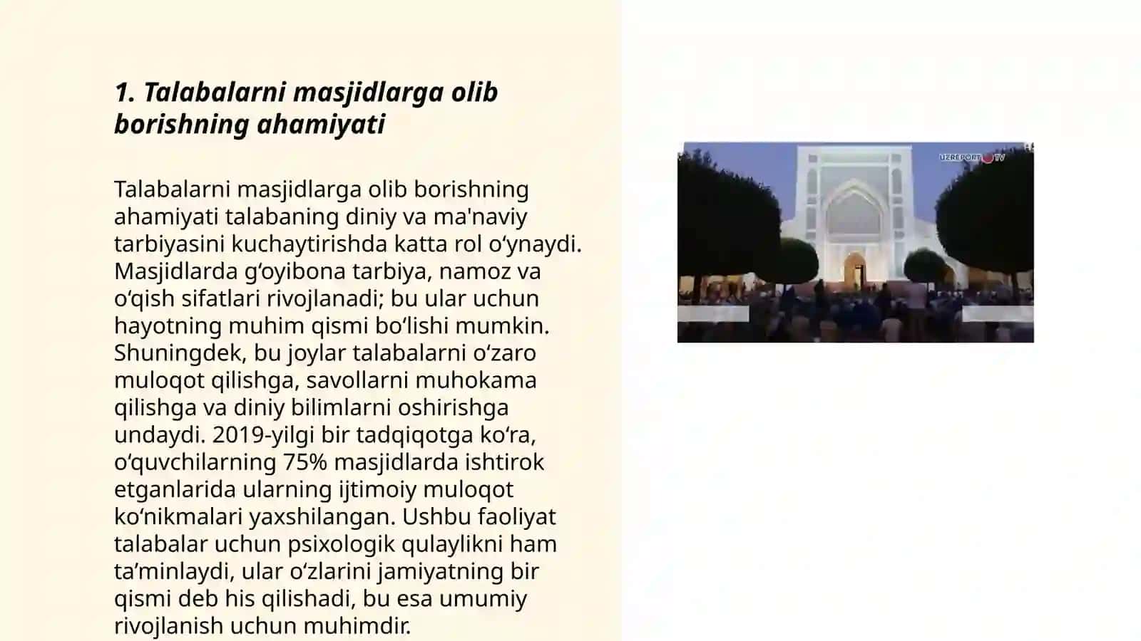 Talabalar bilan O'zbekistondagi diniy tashkilotlarga borish(viloyatlar doirasida masjid,madrasa, ma'had, cherkov, sinagoga va boshqalar) by Polatova Munira 3