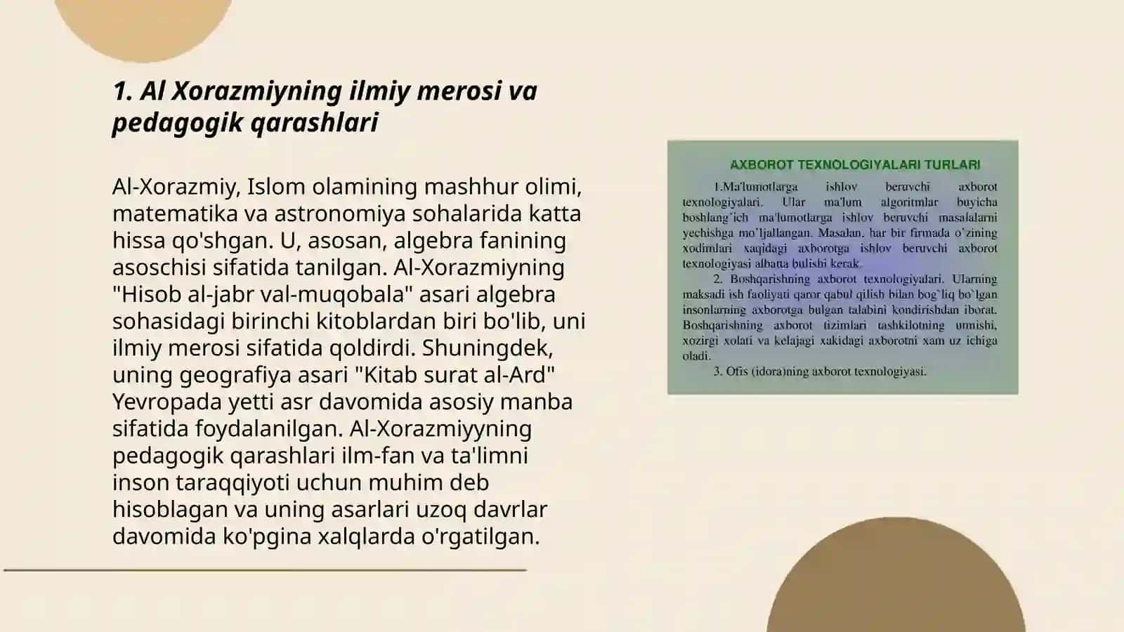 Sharq uygʻonish davrida pedogogik fikr taraqqiyoti Al Xorazmiy,Al Farobiy,Abu rayhon Beruniy, Abu Ali ibni Sinoning talim tarbiyaga oid qarashlari 3
