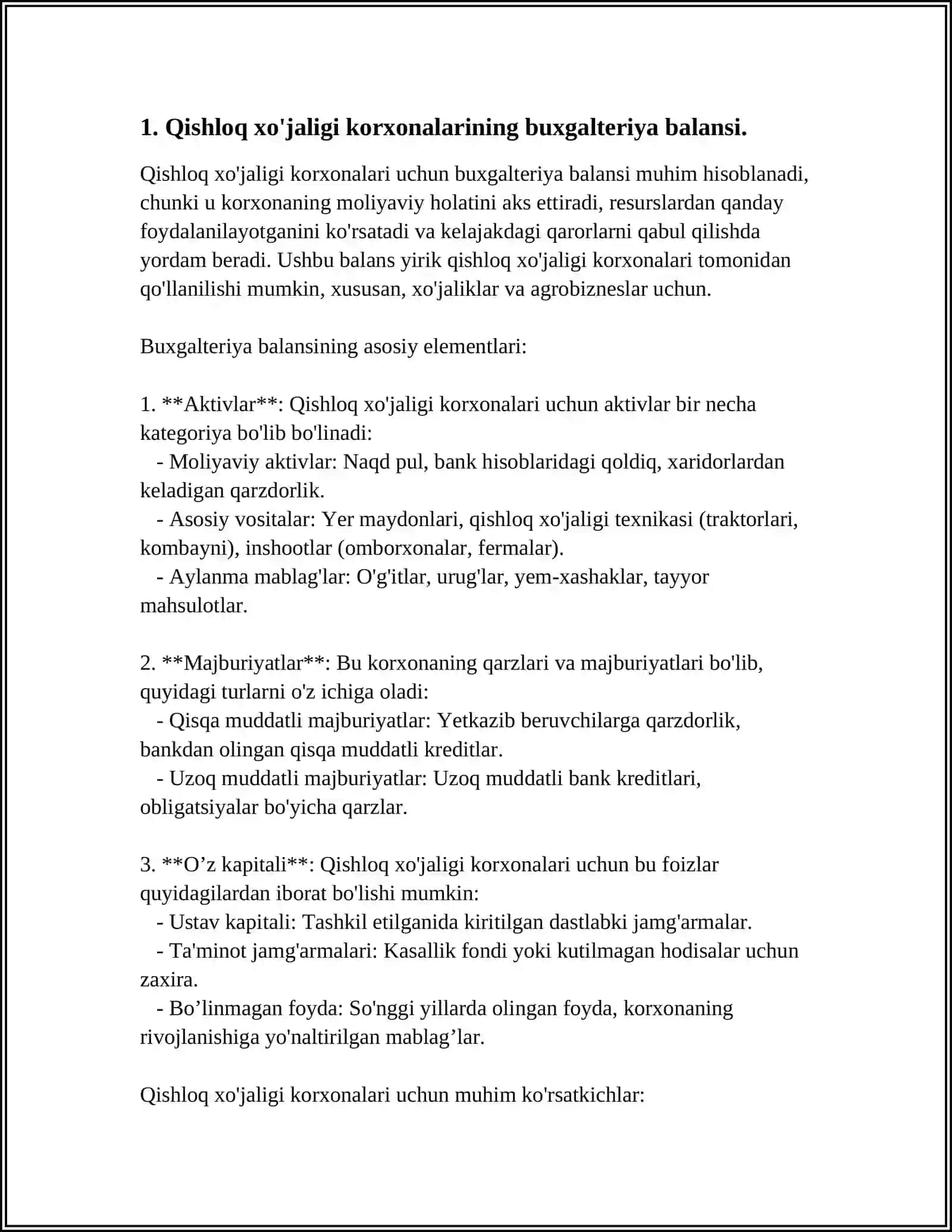 Qishloq xo'jaligi korxonalarida buxgalteriya balansini to'lg'azish hususiyatlari 3