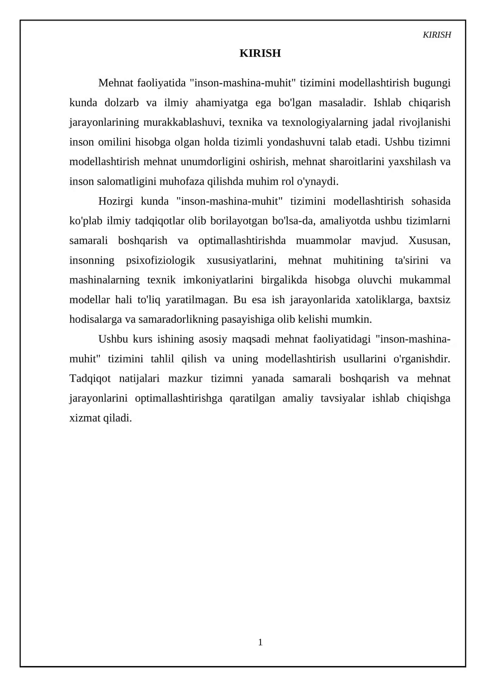 Mexnat faoliyatida “Inson-mashina-muxit“ tizimini modellashtirsh kurs ishi 3