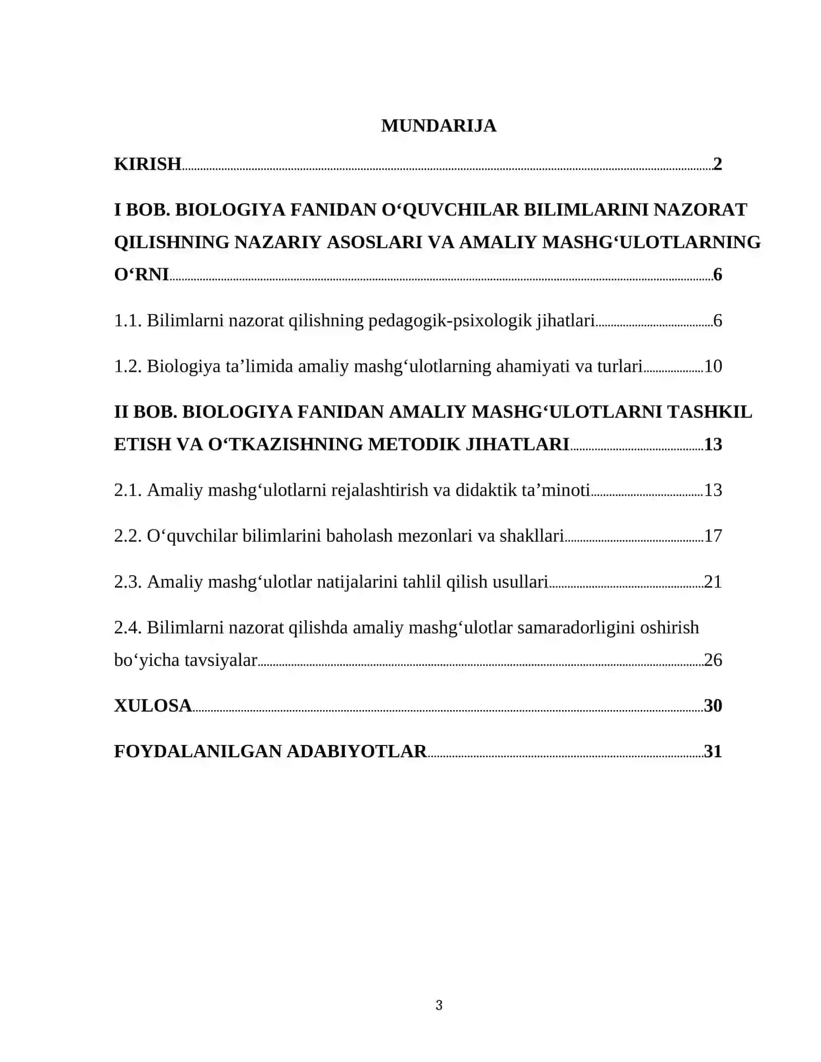 BIOLOGIYA FANIDAN AMALIY MASHG‘ULOTLAR ORQALI O‘QUVCHILAR BILIMLARINI NAZORAT QILISH KURS ISHI 3