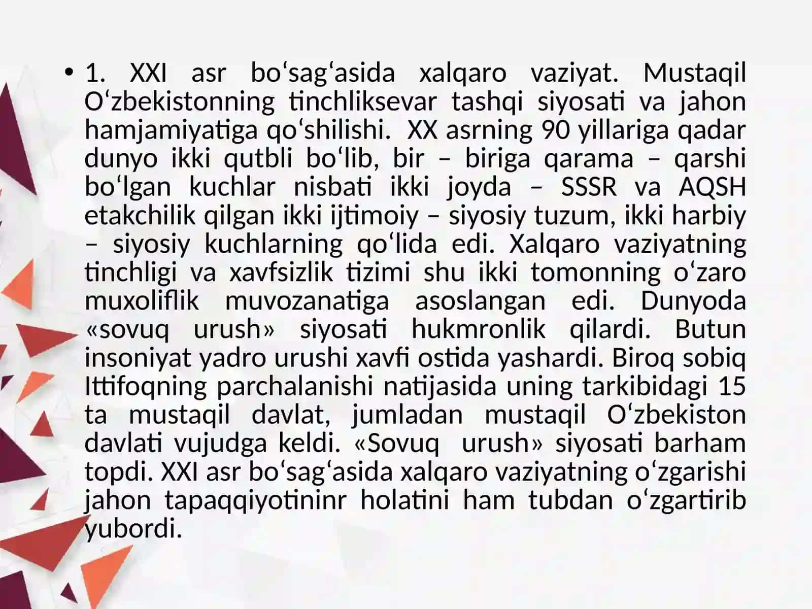 XXI asr bo‘sag‘asidagi xalqaro vaziyat 3