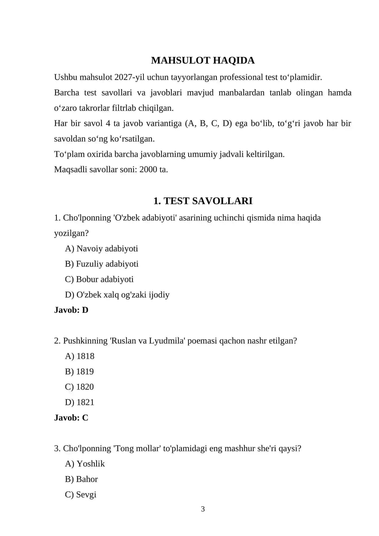 ARGOS BARCHA YO‘NALISHLAR 2027-YIL - 2000 TA TEST SAVOLLARI VA JAVOBLARI 3