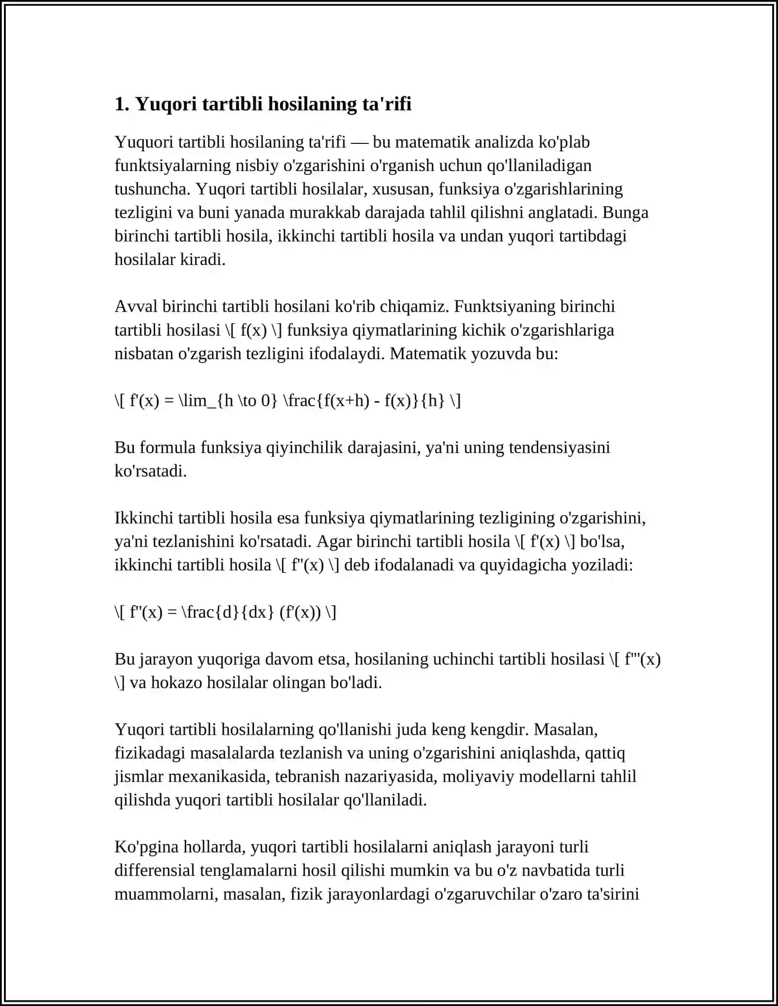 YUQORI TARTIBLI HOSILALAR.OSHKORMAS VA PARAMETIRIK KO'RINISHDA BERILGAN FUNKSIYALARNING YUQORI TARTIBLI HOSILALARI 3