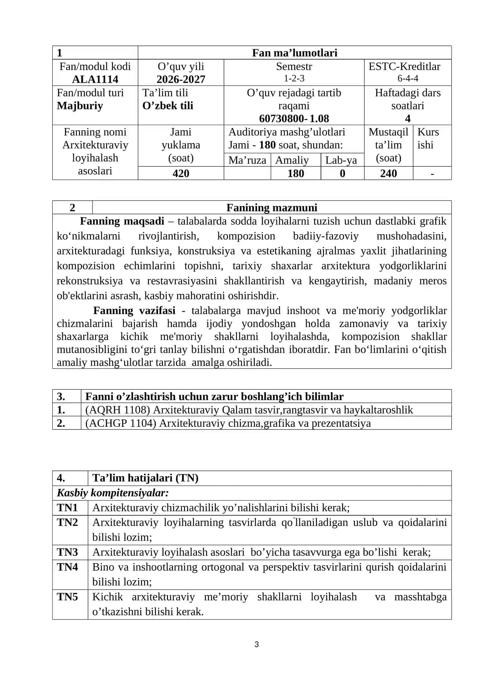 Arxitekturaviy loyihalash asoslari fanining o‘quv dasturi.1-2-3-SEM.docx 3