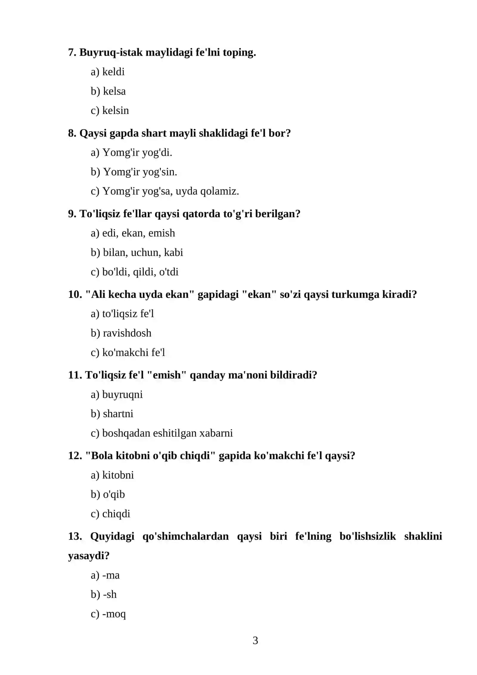 Fe'l va yordamchi so'z turkumlariga oid test savollari 3
