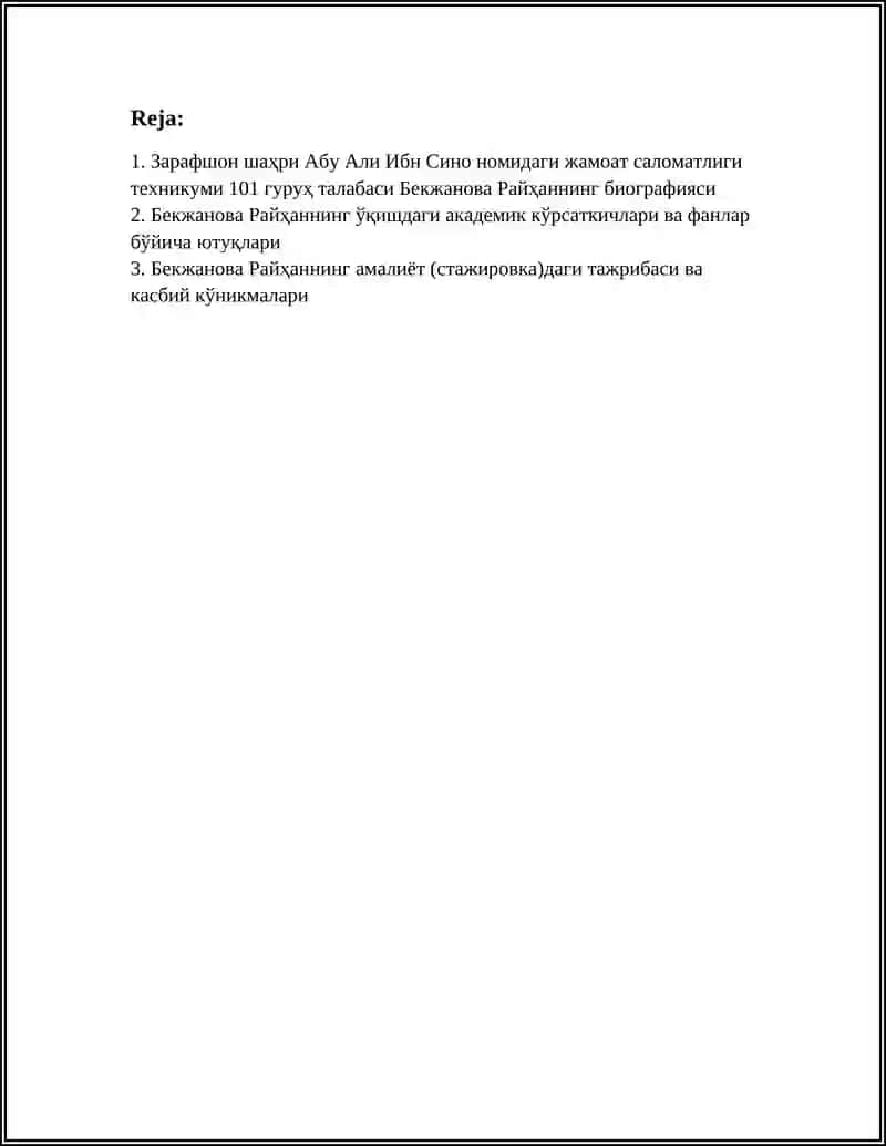 ЗАРАФШОН ШАХРИ АБУ АЛИ ИБН СИНО НОМИДАГИ ЖАМОАТ САЛОМАТЛИГИ ТЕХНИКУМИ 101 ГУРУХ ТАЛАБАСИ БЕКЖАНОВА РАЙХАН 3