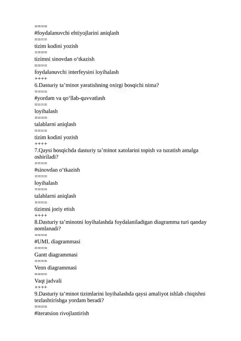 Dasturiy taʼminot tizimlarini loyihalash fanidan savollari 3