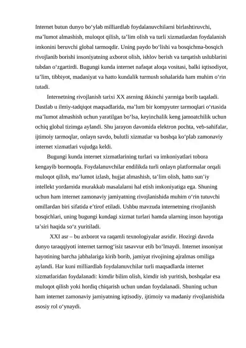Internetning zamonaviy xizmatlari.internetning rivojlanish tarixi 3