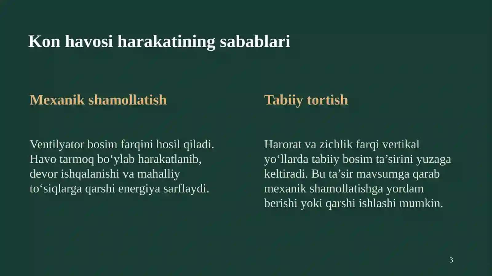 Kon havosining harakati Shamollatish inshootlarida gidrodinamik qarshiliklar Oqim, bosim va energiya yo‘qotilishi 3
