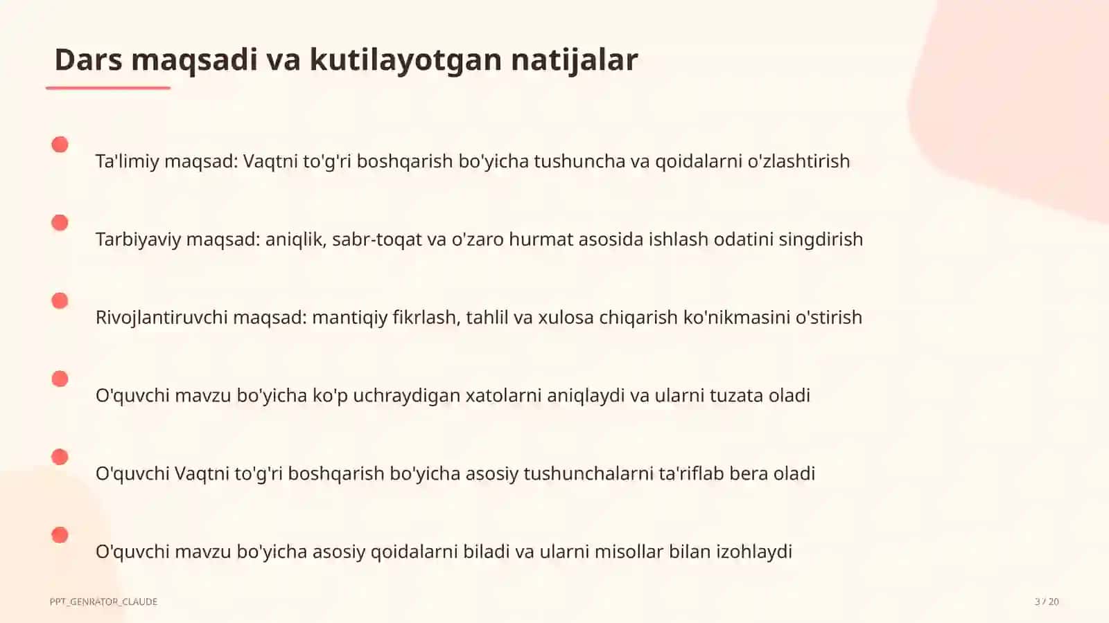 Sinf soati va tarbiyaviy tadbirlar (1–11) — ochiq dars uchun 3