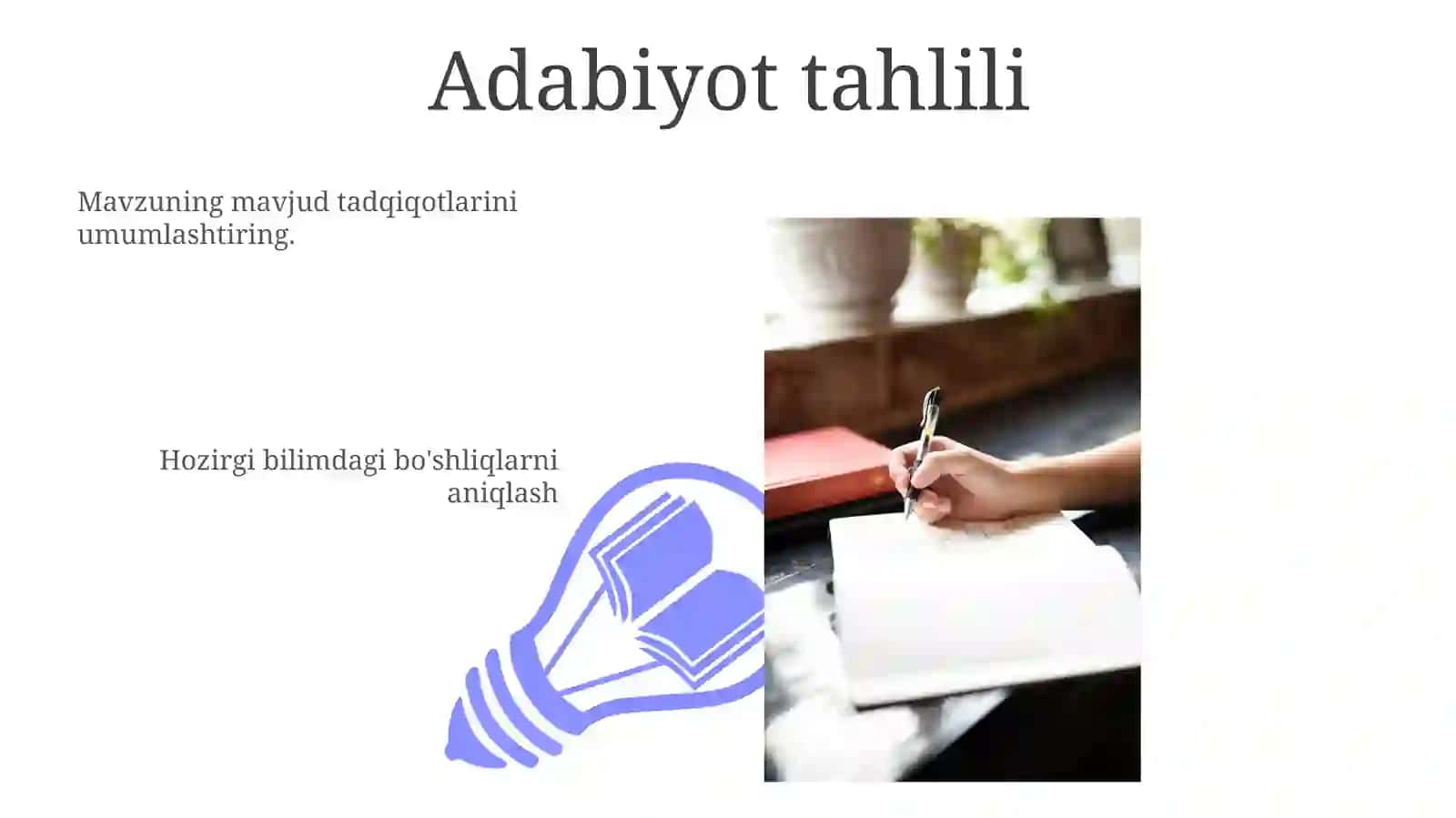 Ilmiy Tadqiqotning Dastlabki Bosqichi: Mavjud adabiyotlarni ko'rib chiqish va potentsial tadqiqot bo'shliqlarini aniqlash orqali o'rganishingiz uchun asos yarating 3