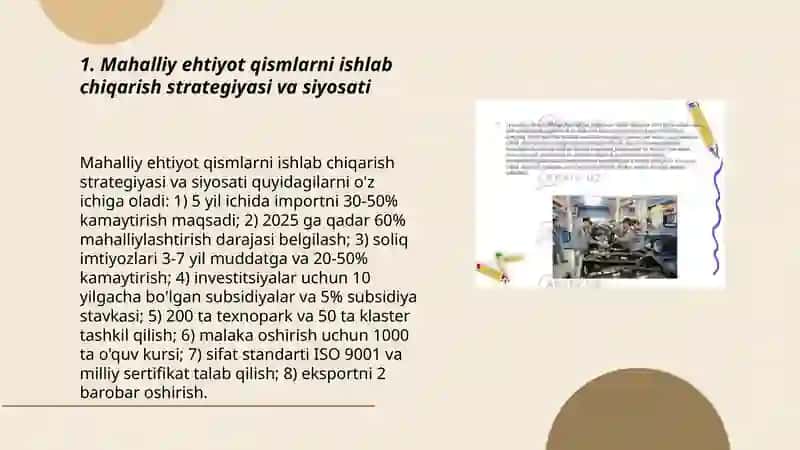 Mahaliylashtirish va import oʻrnini bosuvchi extiyot qisimlarni ishlab chiqarish 3