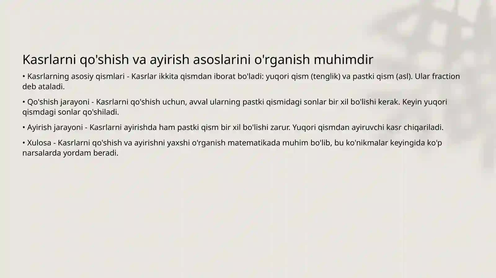 Boshlang’ich sinflarda kasrlar ustida arifmetik amallar 3