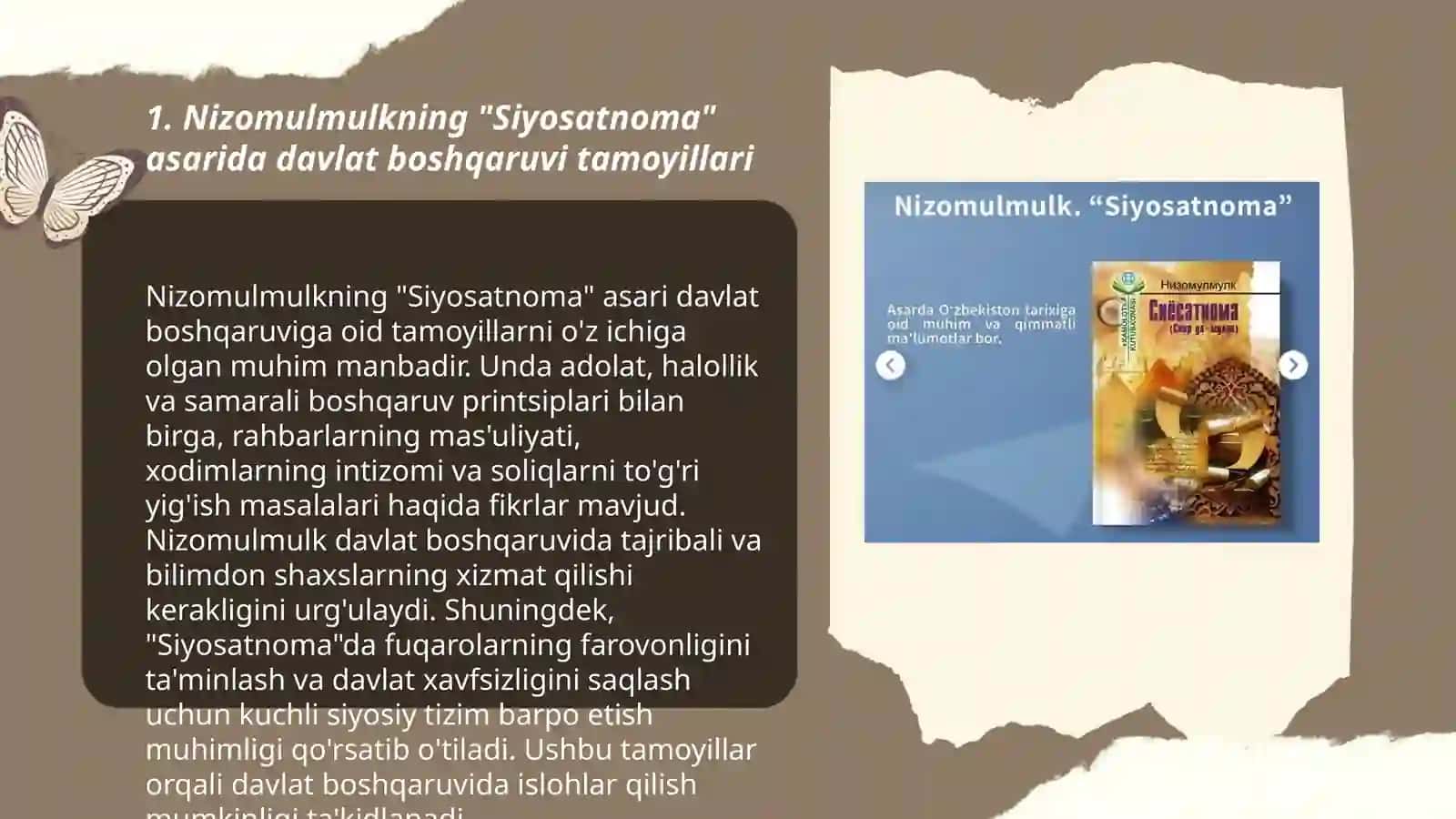 Nizomulmulkning "Siyosatnoma" asariga oid goyalarni tahlil etish 3