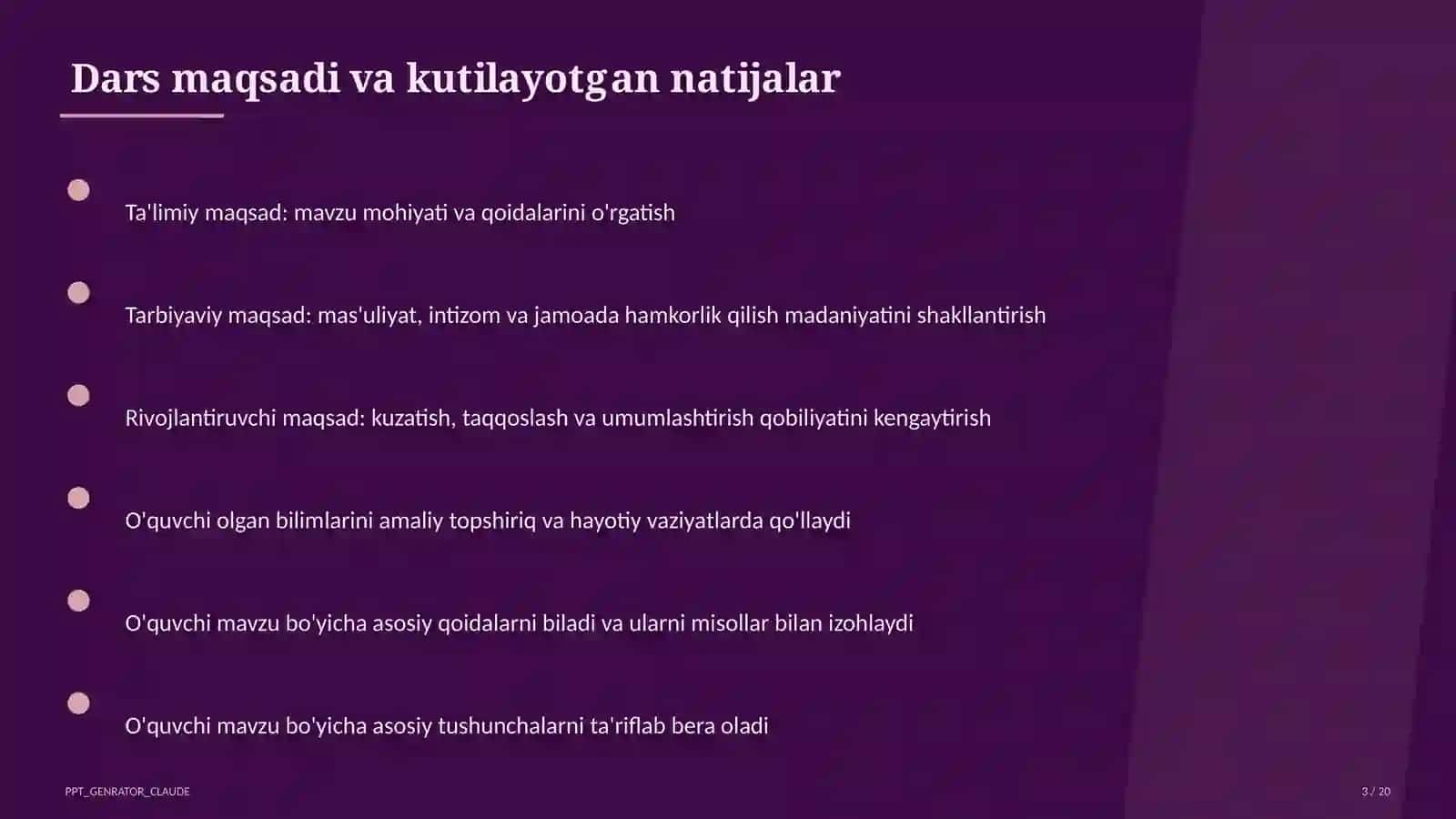 Tarbiya fani (1–11) — ochiq dars uchun 3