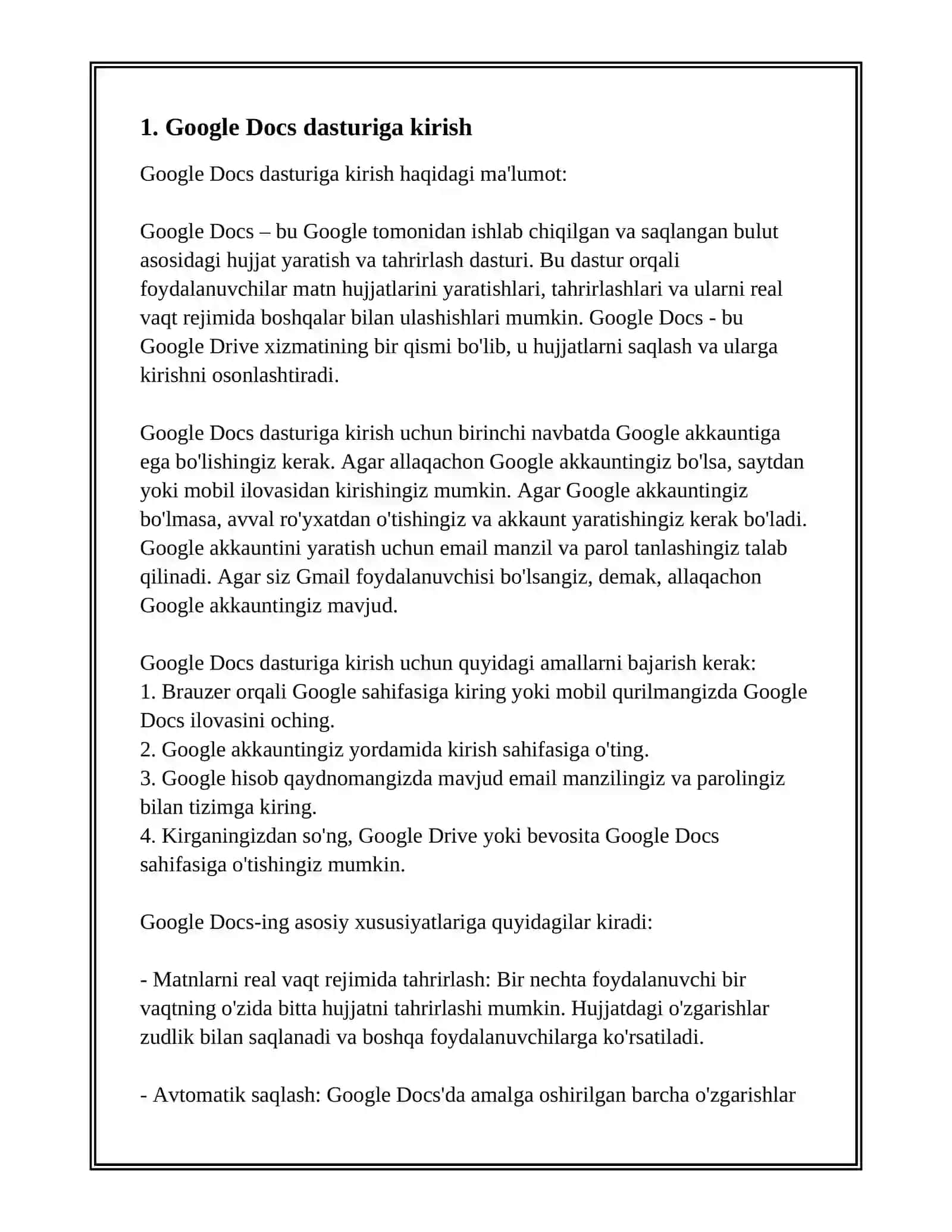 GOOGLE DOCS DASTURI BILAN ISHLASH 3