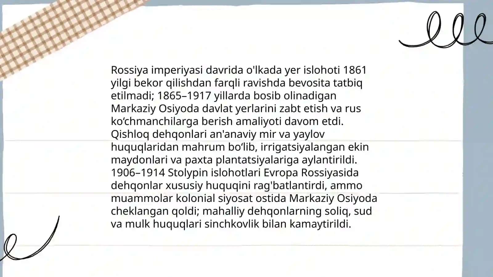 Rossiya imperyasi va sovet hukmdorligi davrida õlkadagi ijtimoiy-iqtisodiy siyosiy va ma'naviy jarayonlar Meyliqulova sevinch 3