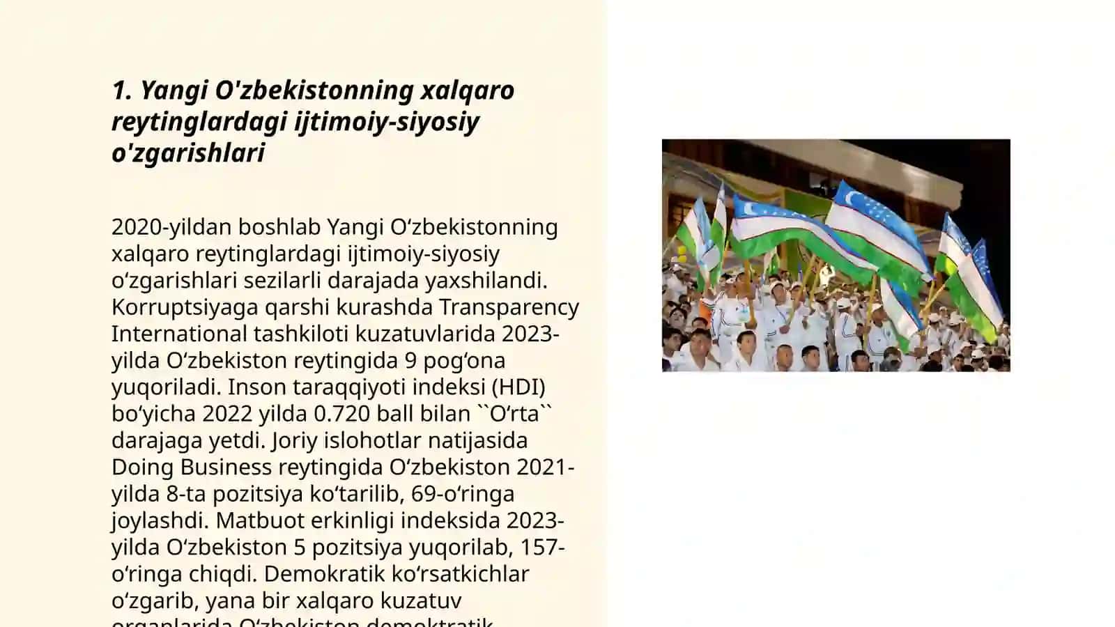 Yangi O'zbekistonning ijtimoiy-siyosiy, iqtisodiy va madaniy hayotida ro'y berayotgan o'zgarishlarning xalqaro reyting va indeksiyalarda aks etishi 3