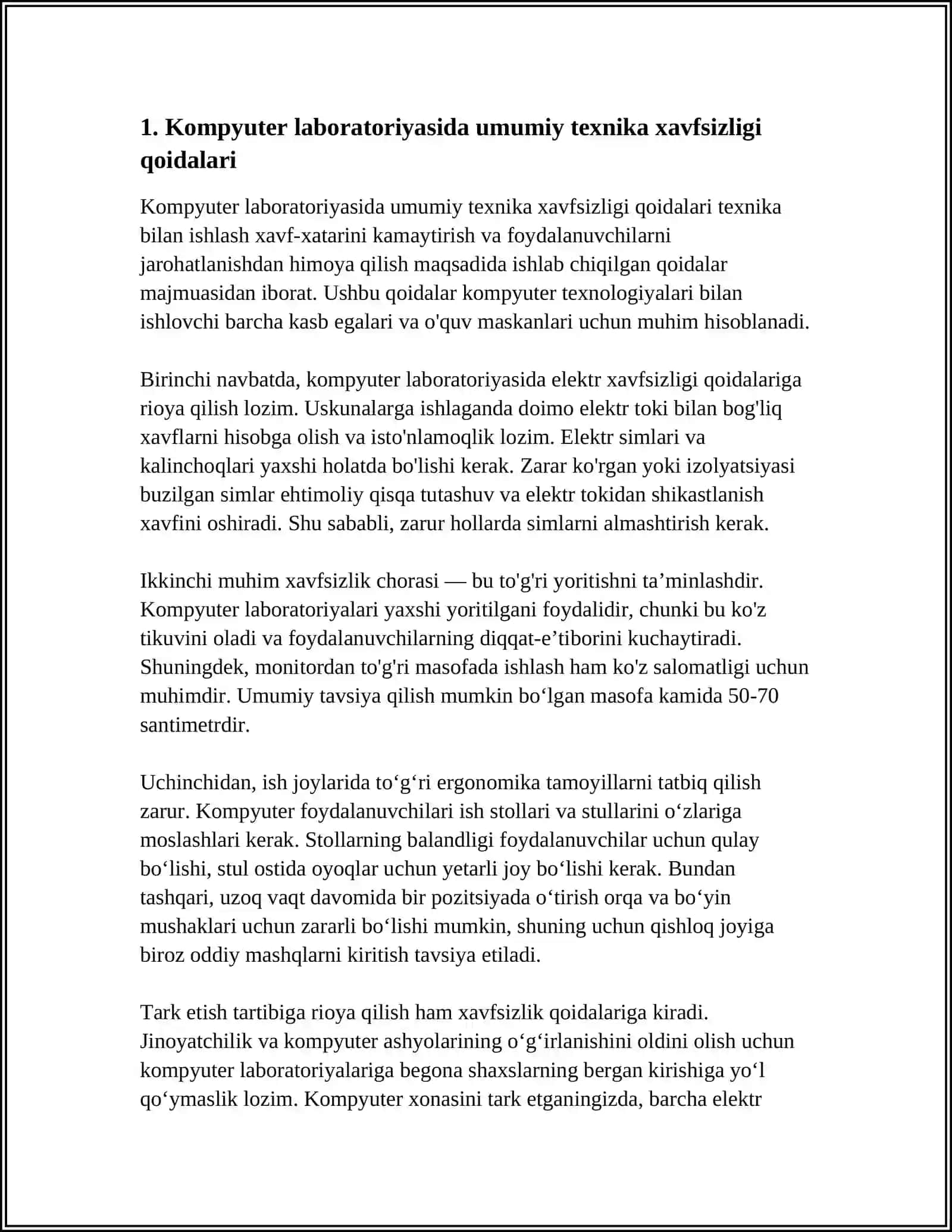 KOMPYUTER OʻQUV LABARATORIYASIDA LABARATORIYA MASHGʻULOTLARI VA ULARNI TASHKIL ETISH USULLARI ISHLASHDA TEXNIKA XAVFSIZLIGI 3