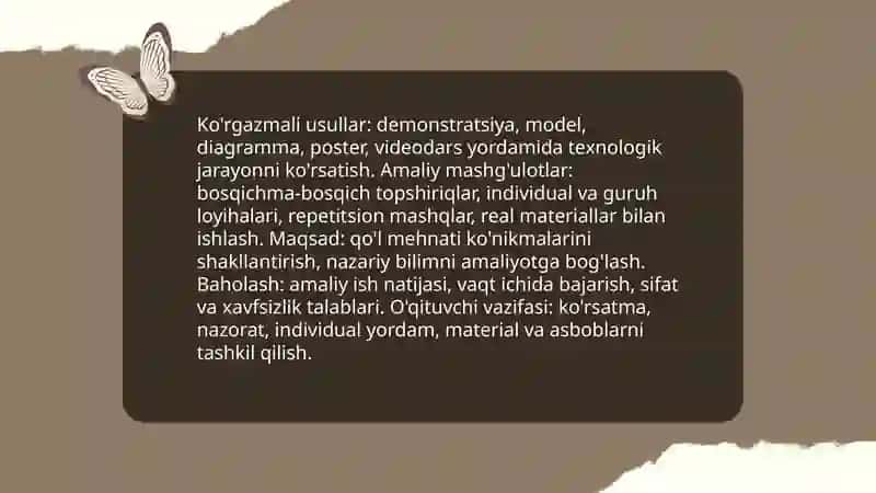 Texnologiya talimi nazariyasi va metodikasi fanidan qol mexnatini organish usullari 3