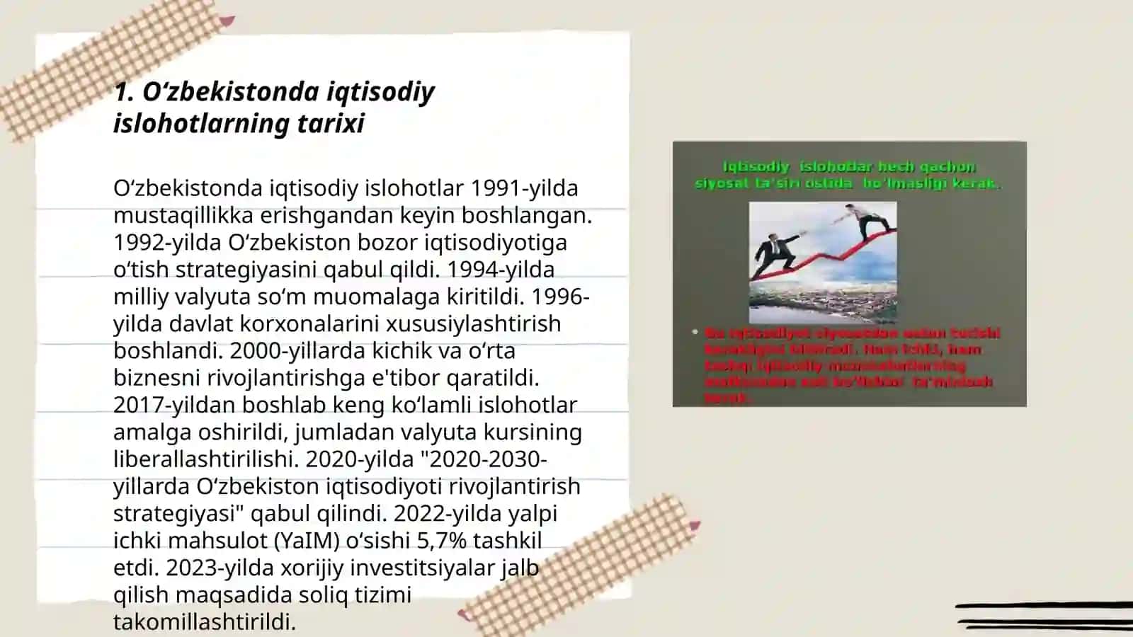 Iqtisodiy islohotlar xususiy mulkchilik shakllanishi. Oʻzbekistonda bozor munosabatlarining rivojlanishi 3