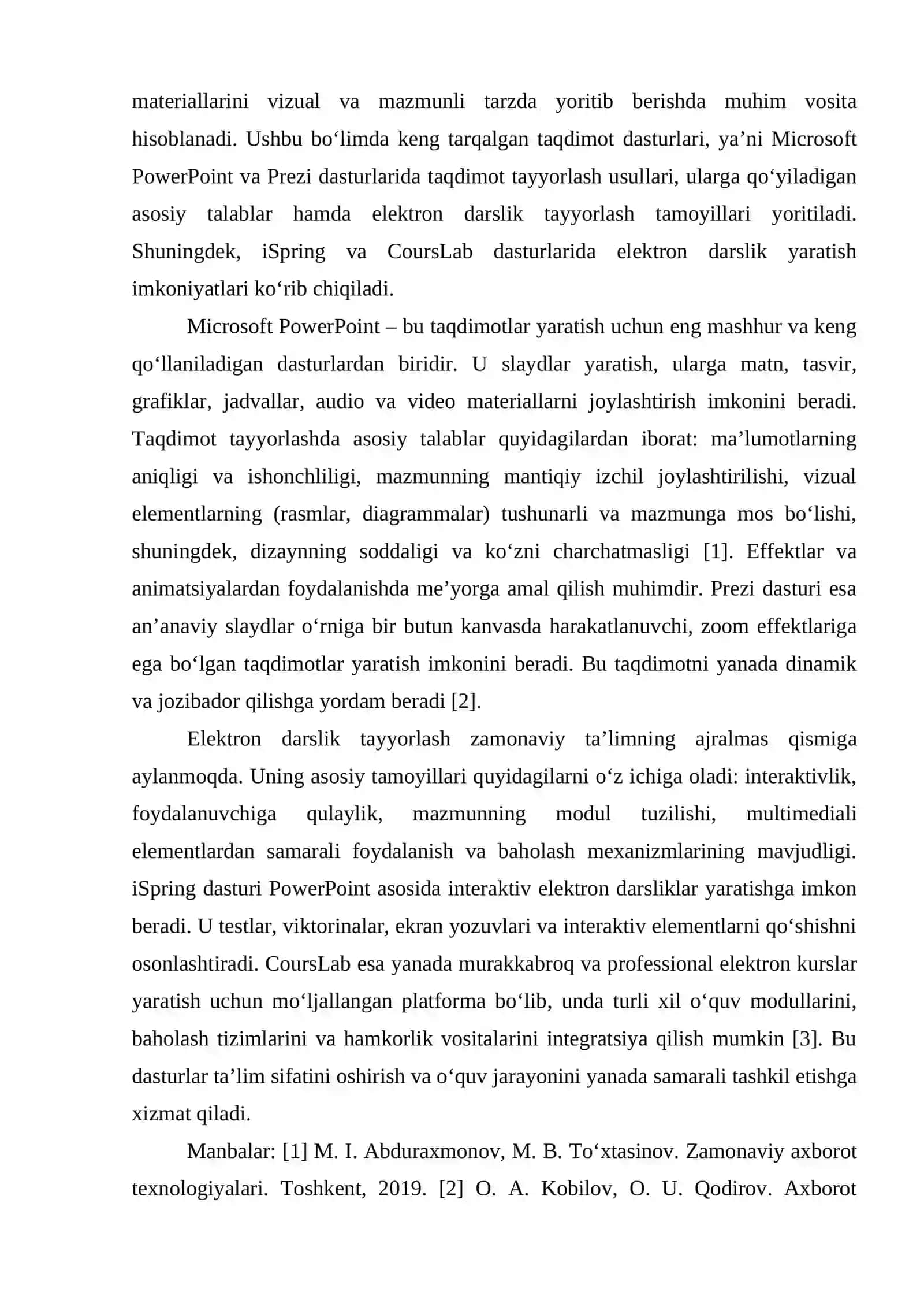 TAQDIMOT DASTURLARI BILAN ISHLASH. TAQDIMOT TAYYORLASH USULLARI VA ULARGA QO'YILADIGGAN TALABLAR (MS POWER POINT VA PREZI DASTURLARI MISOLIDA). ELEKTRON DARSLIK TAYYORLASH TAMOYILLARINI YORITISH. ISPRING VA COURSLAB DASTURLARIDA ELEKTRON DARSLIK YARATISH 3
