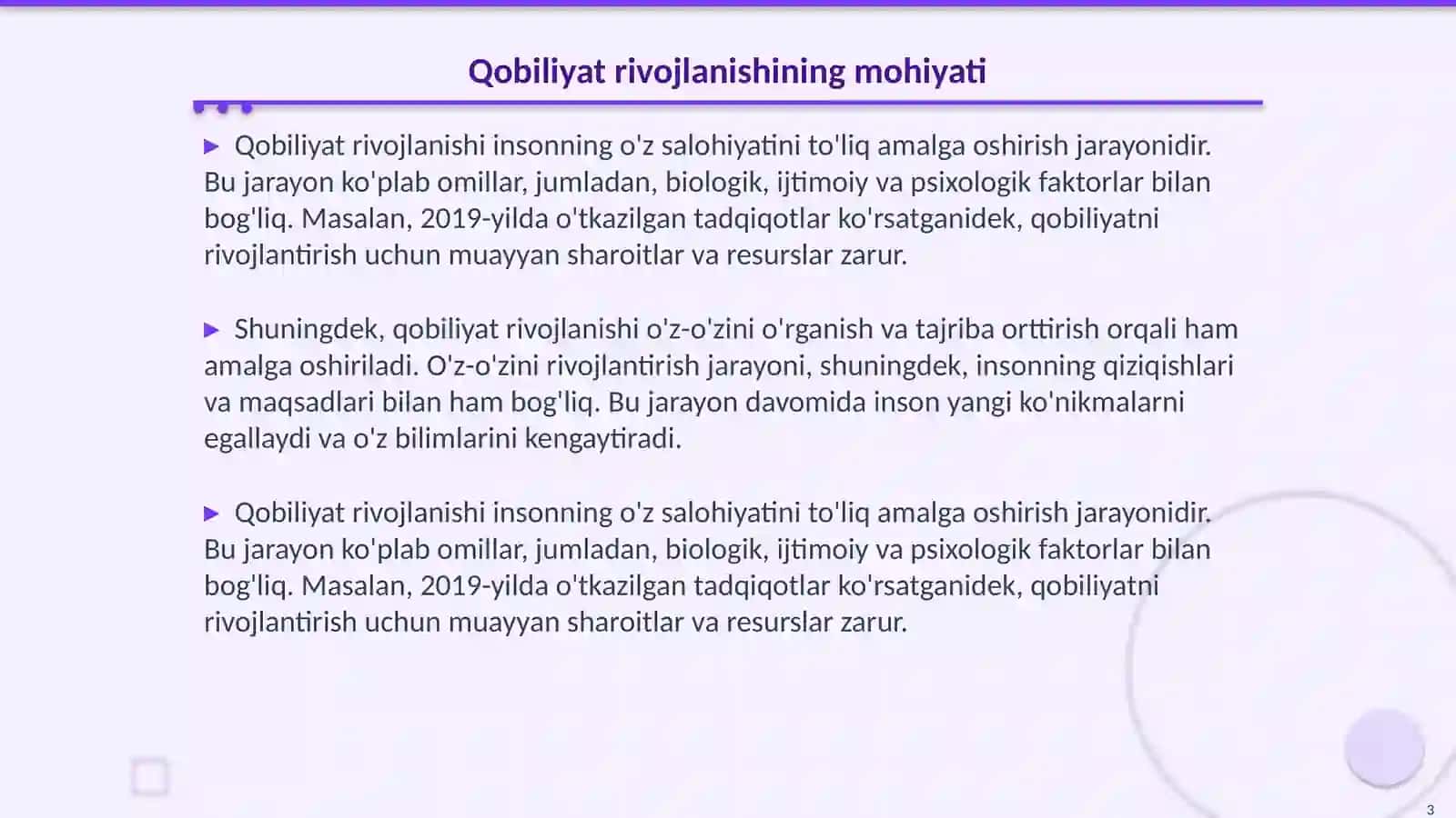 Qobiliyat rivojlanishiga ta'sir qiluvchi omillar. Xotira: ma'lumotlarni mustahkamlash yo'llari, usullari, vositalari 3