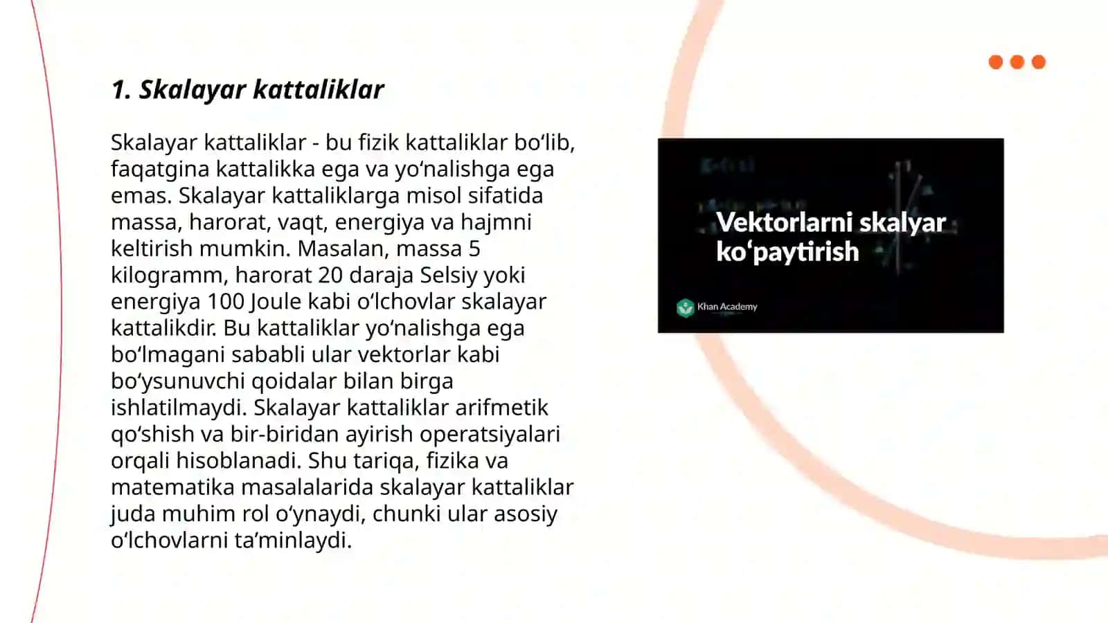Skalayar va vektor fizik kattaliklar va ular ustida amallar 3